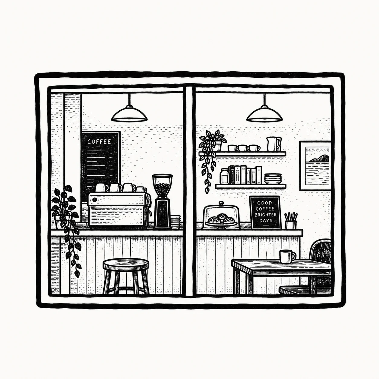 Ventana ilustrada de una cafetería