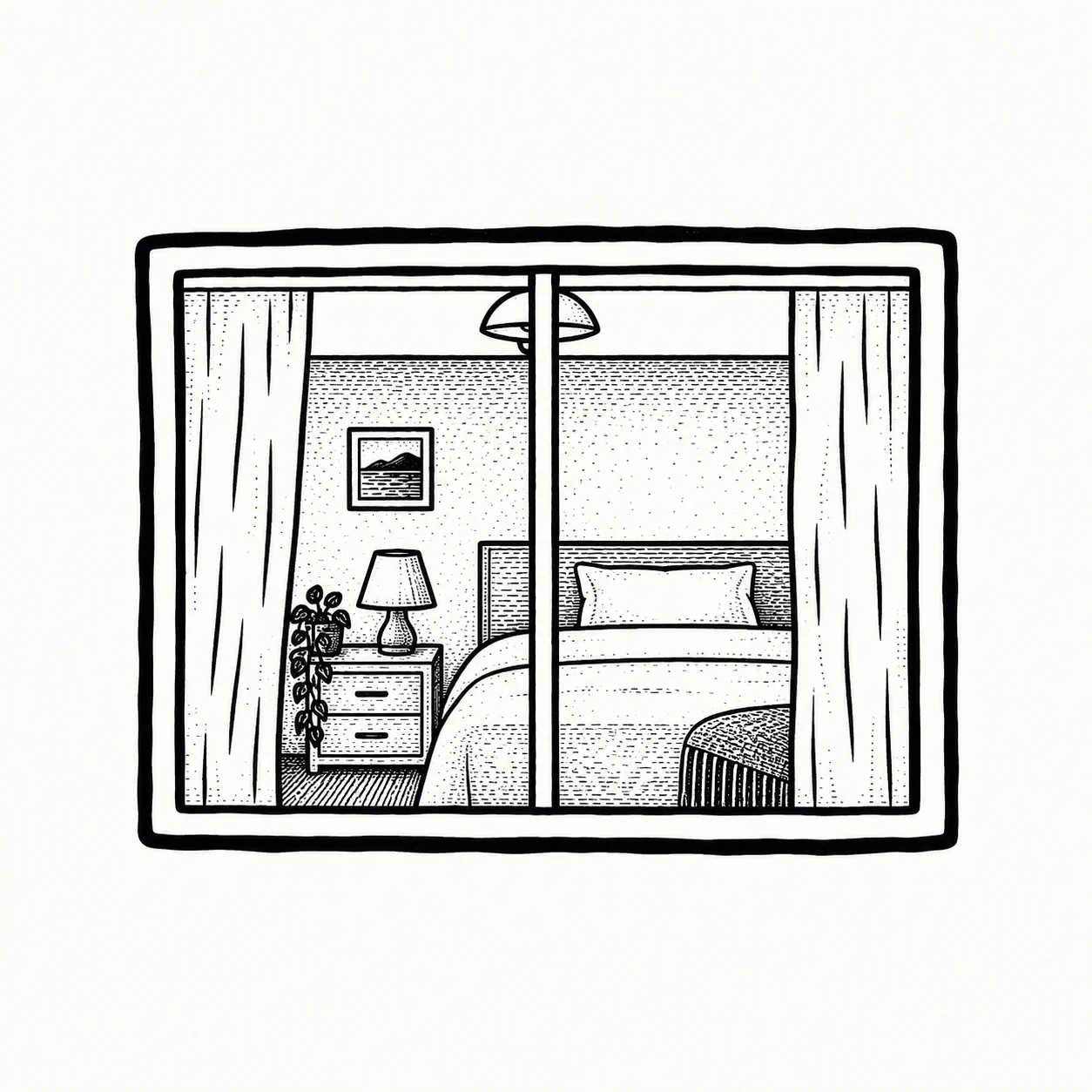 Ventana ilustrada de un dormitorio