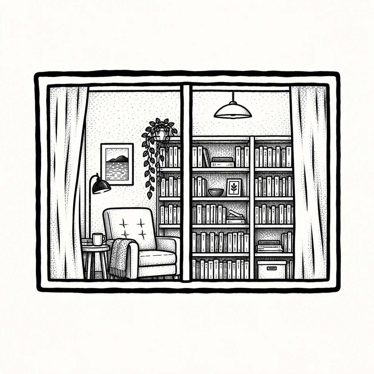 Ventana ilustrada de una biblioteca