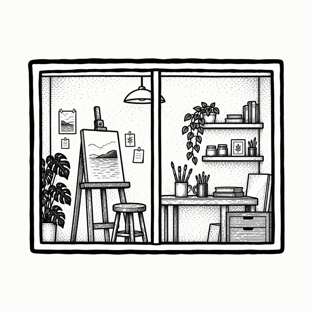 Ventana ilustrada de un estudio artístico