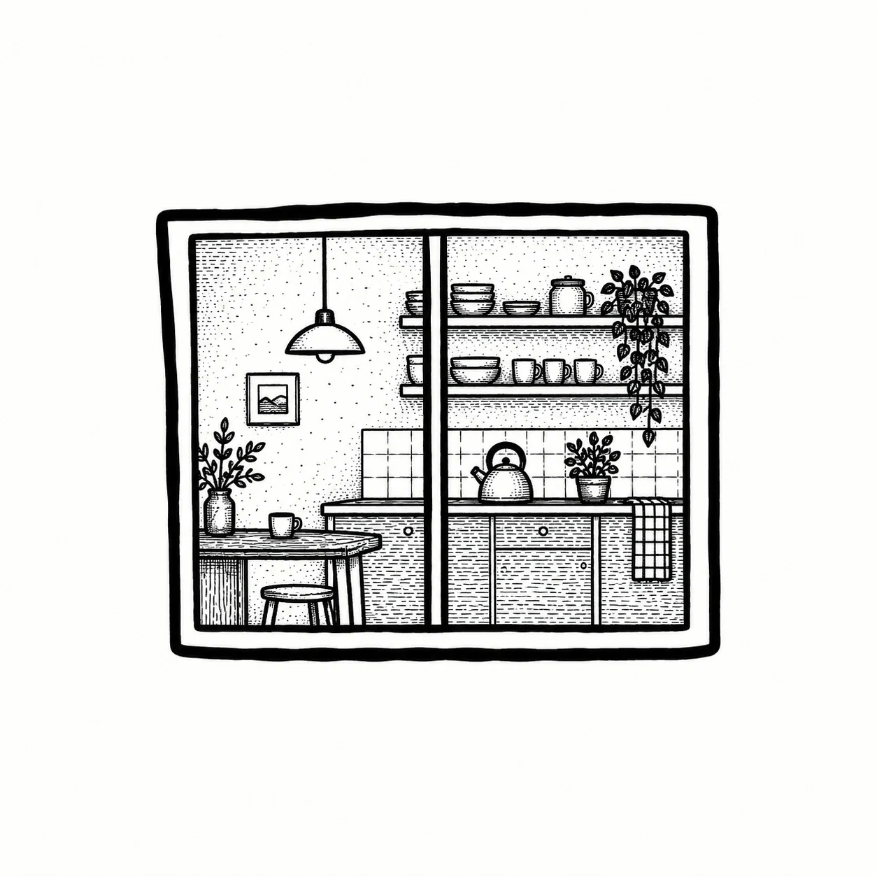 Ventana ilustrada de la cocina y el universo de Mensú